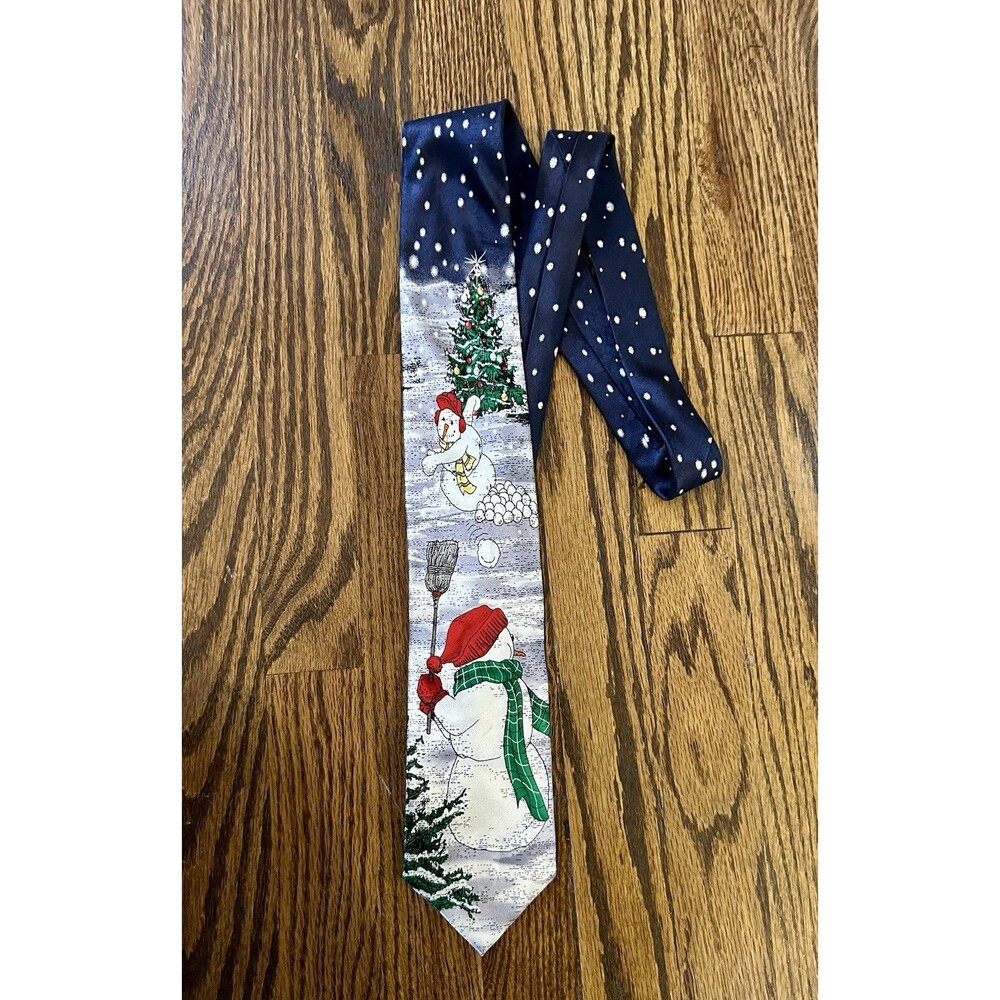 Holidays Men's 100% Silk Christmas Snowman‎ Playing Baseball Snowballs EUC